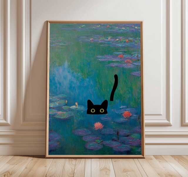 Black Cat Monet Water Lilies Print, Whimsical Wall Art, Funny Lover Gift, Surreal Watercolor Style Poster - image 1