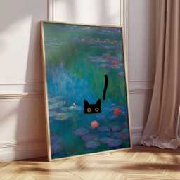 Black Cat Monet Water Lilies Print, Whimsical Wall Art, Funny Lover Gift, Surreal Watercolor Style Poster - thumbnail 2