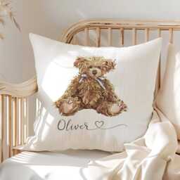 Personalised New Baby Cushion, Nursery Name Decor, Vintage Bear 1st Birthday Gift, Boy Girl Pillow, Christening Gift - thumbnail 3