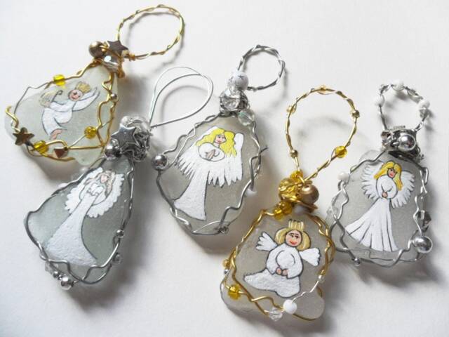 Christmas Angels - Hand Painted Sea Glass Tree Decorations Set Of 5 - image 1