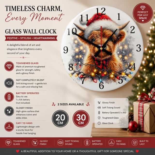 Christmas Highland Cow Clock - Silent Wall Clock, 20/30cm Holiday Home Decor - image 1