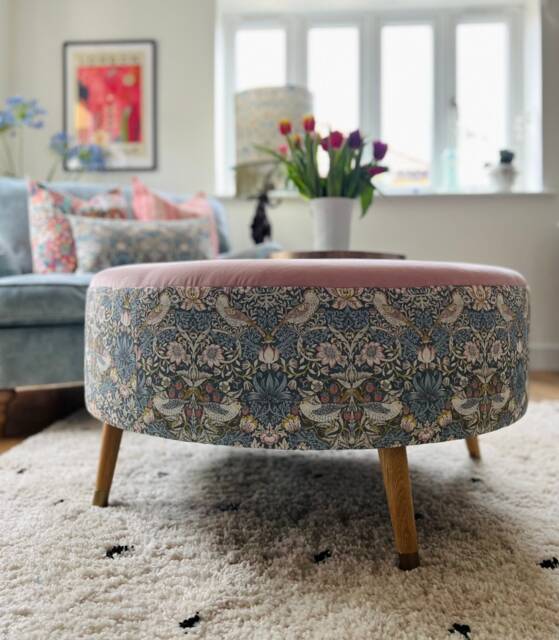 Large Round Footstool in William Morris Strawberry Thief & Blush Velvet - image 1
