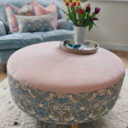 Large Round Footstool in William Morris Strawberry Thief & Blush Velvet - thumbnail 2
