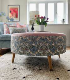 Large Round Footstool in William Morris Strawberry Thief & Blush Velvet
