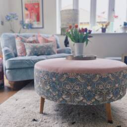 Large Round Footstool in William Morris Strawberry Thief & Blush Velvet - thumbnail 4