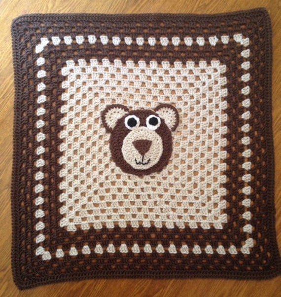 Brown Bear Love Baby Blanket - Granny Square Throw in Soft & Cream - image 1