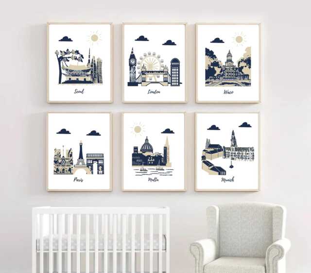 Cityscape Nursery Art Prints Travel Theme Decor, Set Of 6 - image 1