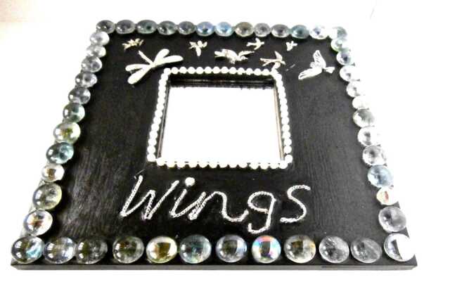 Upcycled By Artist Gan - Wall Mirror Title Wings Mosaic Jewellery Art Small Black - image 1