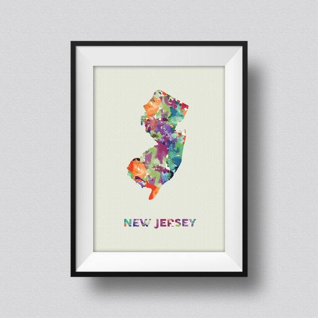 New Jersey Map Usa Watercolor Art Print Ink Splash Poster Canvas