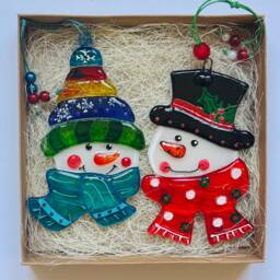 Set Of 2 Snowman Fused Glass Christmas Ornaments Art Colorful Tree Decoration - thumbnail 4