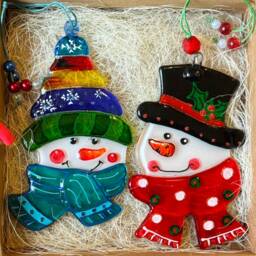 Set Of 2 Snowman Fused Glass Christmas Ornaments Art Colorful Tree Decoration - thumbnail 3