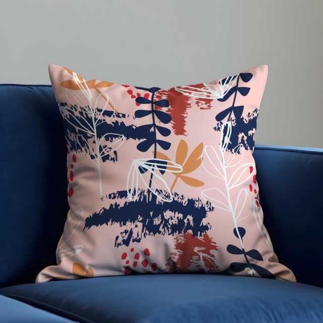 Modern Abstract Botanical Cushion Cover, Navy & Blush Throw Pillow Leaf Print Sofa Decor, Contemporary Home Accent Boho Style - image 1