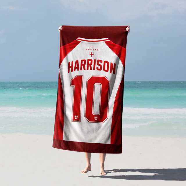 Personalised Name England Flag Bath Beach Towel Three Lions Football T Shirt Jersey Number St Georges Cross Sports Fan Holiday Gift - image 1