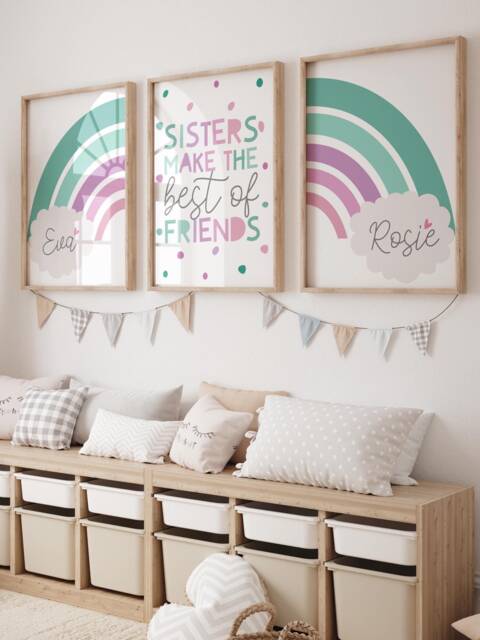 Sisters Make The Best Friends Wall Art, Girls Bedroom Decor, Big Sis Lil Sis, Bedroom, Rainbow, Siblings, Playroom, Set Of 3 - image 1