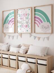 Sisters Make The Best Friends Wall Art, Girls Bedroom Decor, Big Sis Lil Sis, Bedroom, Rainbow, Siblings, Playroom, Set Of 3 - thumbnail 1
