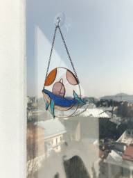 Blue Whale Space Wall Hanging. Sun Catcher Fish. Home House Decor. Window Decoration Cosmos Stain Glass Cling Wedding Gift - thumbnail 1