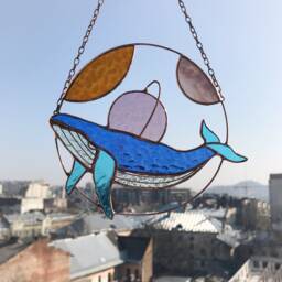 Blue Whale Space Wall Hanging. Sun Catcher Fish. Home House Decor. Window Decoration Cosmos Stain Glass Cling Wedding Gift - thumbnail 3