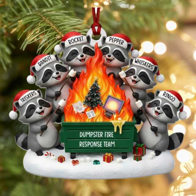 Custom Dumpster Fire Raccoon Ornament, Coworkers Christmas Gift, Response Team Keepsake, 15 Names Ornament - image 1