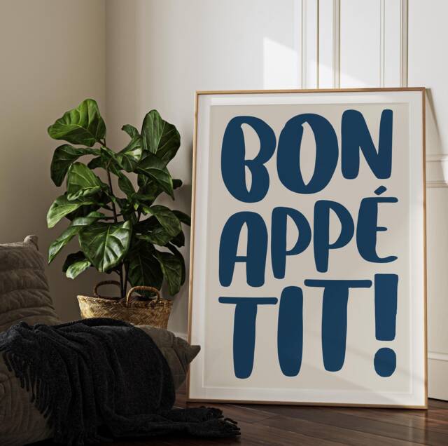 Bon Appetit Poster Trendy Typography Print Cute French Quote Kitchen Wall Art Red Maximalist Decor Blue Navy 2542 - image 1
