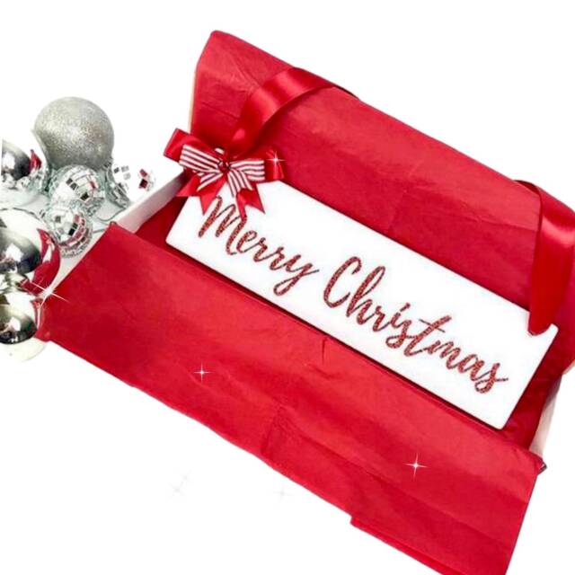 Merry Christmas Sign Sparkly Festive Wall Hanging With Glitter Font & Satin Bow Three Colours, Red, Baby Pink Or Icy Blue - image 1