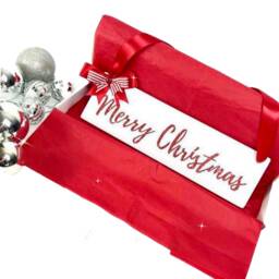 Merry Christmas Sign Sparkly Festive Wall Hanging With Glitter Font & Satin Bow Three Colours, Red, Baby Pink Or Icy Blue - thumbnail 1
