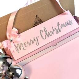 Merry Christmas Sign Sparkly Festive Wall Hanging With Glitter Font & Satin Bow Three Colours, Red, Baby Pink Or Icy Blue - thumbnail 2