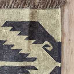 Handwoven Wool Jute Flatweave Rug - Natural & Black Tribal Kilim Design Boho Reversible Area - thumbnail 2