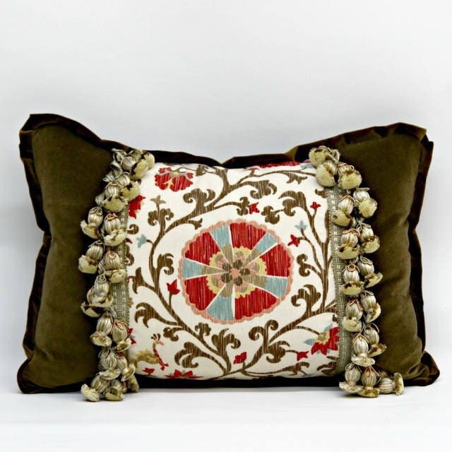 Shumacher Print Custom Decorative Pillow, Throw Pillow With Tassel Decorated Front & Olive Green Velvet, Size 21 X 14 - image 1