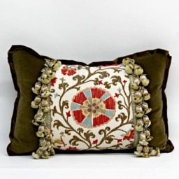 Shumacher Print Custom Decorative Pillow, Throw Pillow With Tassel Decorated Front & Olive Green Velvet, Size 21 X 14 - thumbnail 1