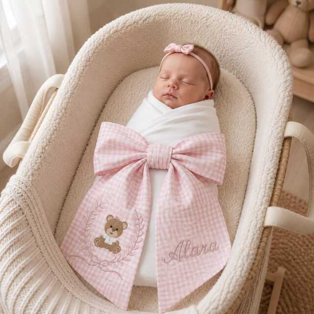 Custom Name Embroidered Newborn Bow Sash, Teddy Bear Sash For Baby Girl, Gingham Swaddle, Picture, Shower Gift - image 1