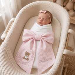 Custom Name Embroidered Newborn Bow Sash, Teddy Bear Sash For Baby Girl, Gingham Swaddle, Picture, Shower Gift