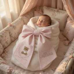 Custom Name Embroidered Newborn Bow Sash, Teddy Bear Sash For Baby Girl, Gingham Swaddle, Picture, Shower Gift - thumbnail 3