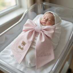 Custom Name Embroidered Newborn Bow Sash, Teddy Bear Sash For Baby Girl, Gingham Swaddle, Picture, Shower Gift - thumbnail 2