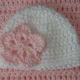 Baby Pink & White Crochet Gift Set Blanket Matching Flower Hat - thumbnail 2