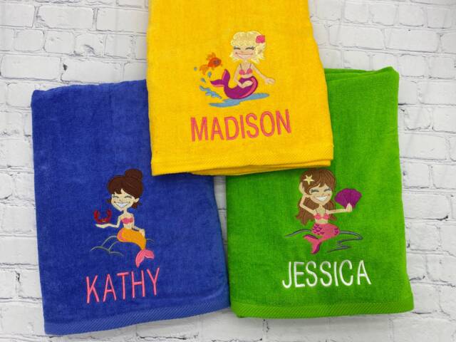 Mermaid Personalized Beach Towel Monogrammed Pool Party Birthday Gift Favors Nautical Boat - image 1