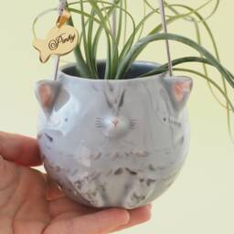 Handcrafted Cat Plant Holder With Golden Tag Engraved Name. Personalized Shaped Hanging Vase in Ceramic. Handmade Italy - thumbnail 2