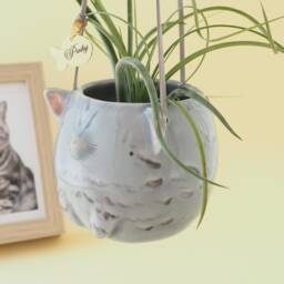 Handcrafted Cat Plant Holder With Golden Tag Engraved Name. Personalized Shaped Hanging Vase in Ceramic. Handmade Italy - thumbnail 3