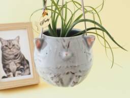 Handcrafted Cat Plant Holder With Golden Tag Engraved Name. Personalized Shaped Hanging Vase in Ceramic. Handmade Italy