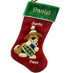 Personalized Holiday Dog Christmas Stocking - Santa Paws Design Holding Ornament Cute Stockingfor Dogs
