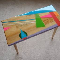 Handmade Colorful Epoxy Resin Table Top, Retro Artwork, Wood Centerpiece - thumbnail 3