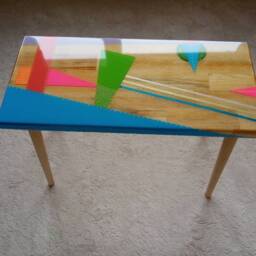 Handmade Colorful Epoxy Resin Table Top, Retro Artwork, Wood Centerpiece - thumbnail 2