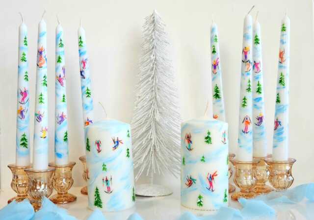 Christmas Candles Painted/Hand Painted Taper Candle /Skiing/ Painted Skier Candle/ Xmas Gift - image 1