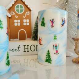 Christmas Candles Painted/Hand Painted Taper Candle /Skiing/ Painted Skier Candle/ Xmas Gift - thumbnail 4