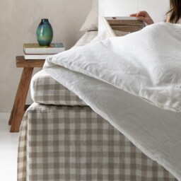 Linen Fitted Sheet Gingham, Checkered Linen Bedding, Natural Gingham Bottom Queen, Full, Cal King, Twin, Double, Single, Super King - thumbnail 1