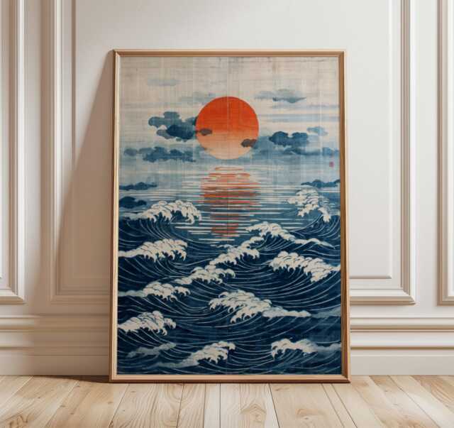 Japanese Ocean Poster, Red Sun Art Print, Blue Wave Coastal Wall - image 1
