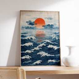 Japanese Ocean Poster, Red Sun Art Print, Blue Wave Coastal Wall - thumbnail 2
