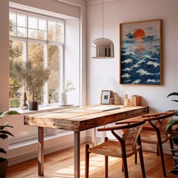 Japanese Ocean Poster, Red Sun Art Print, Blue Wave Coastal Wall - thumbnail 3