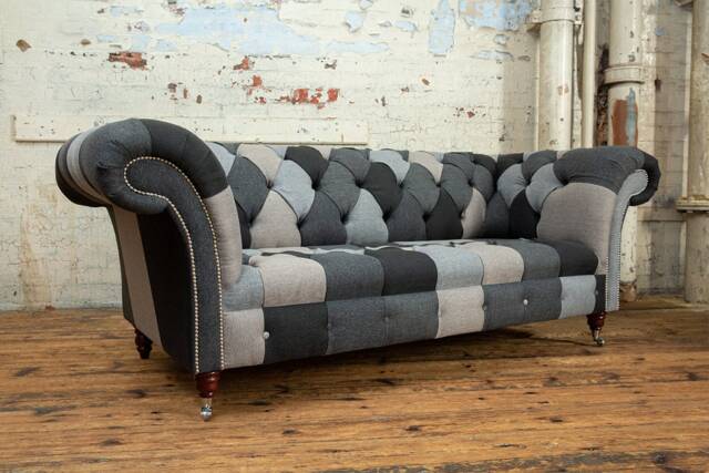 3 Seater Patchwork Wool Chesterfield Sofa - Grey Herringbone Wool, British Handmade - image 1