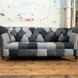 3 Seater Patchwork Wool Chesterfield Sofa - Grey Herringbone Wool, British Handmade - thumbnail 2