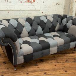 3 Seater Patchwork Wool Chesterfield Sofa - Grey Herringbone Wool, British Handmade - thumbnail 3